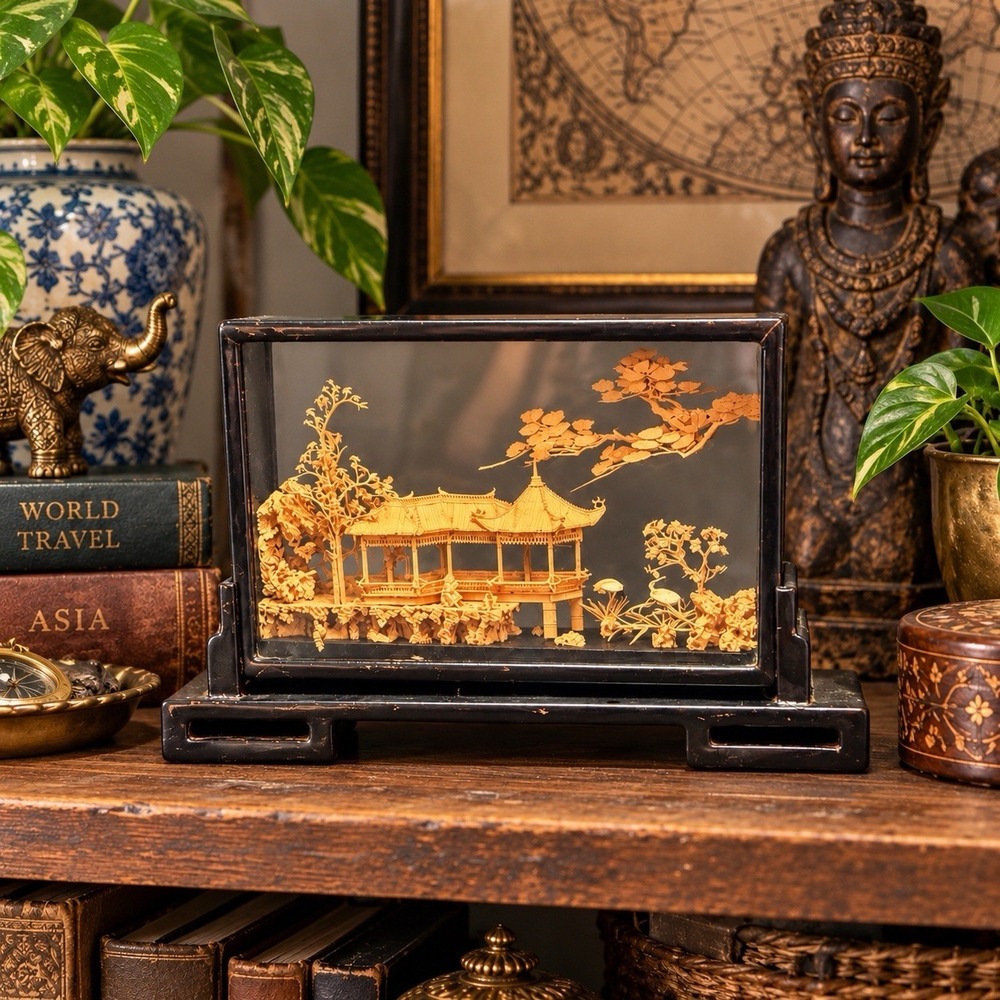 Vintage Chinese Fuzhou Cork Carving Diorama Pagoda Cranes Glass Folk Art
